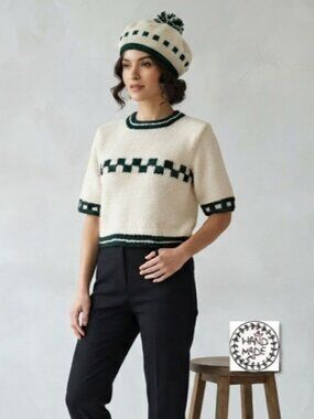 Cute! Hand knitted Handmade Crop Sweater+Hat Set Cream Green Metallic Gold Yarn